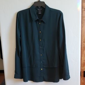 Green Blouse Gold Button-up Shirt Large